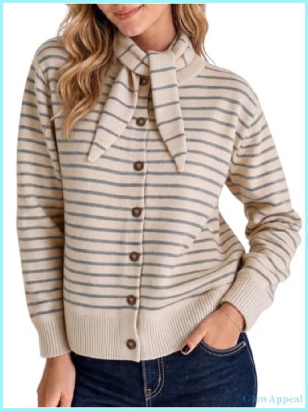 Women's Button Down Cardigan Sweater with Detachable Scarf, Long Sleeve Knit Top